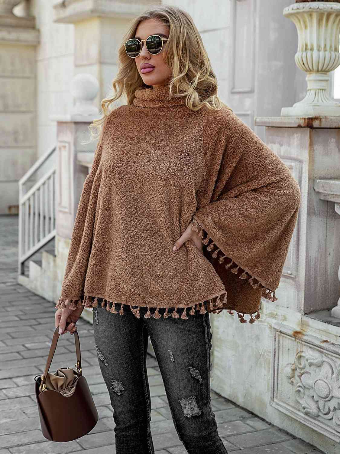 Full Size Turtleneck Tassel Hem Poncho